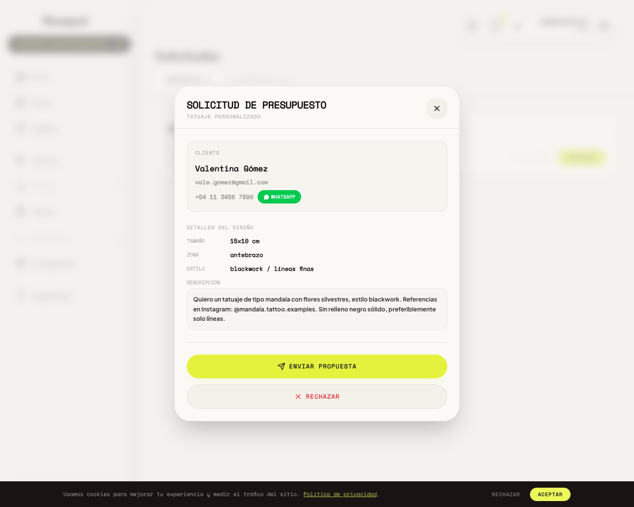 Panel de detalle de una solicitud de presupuesto