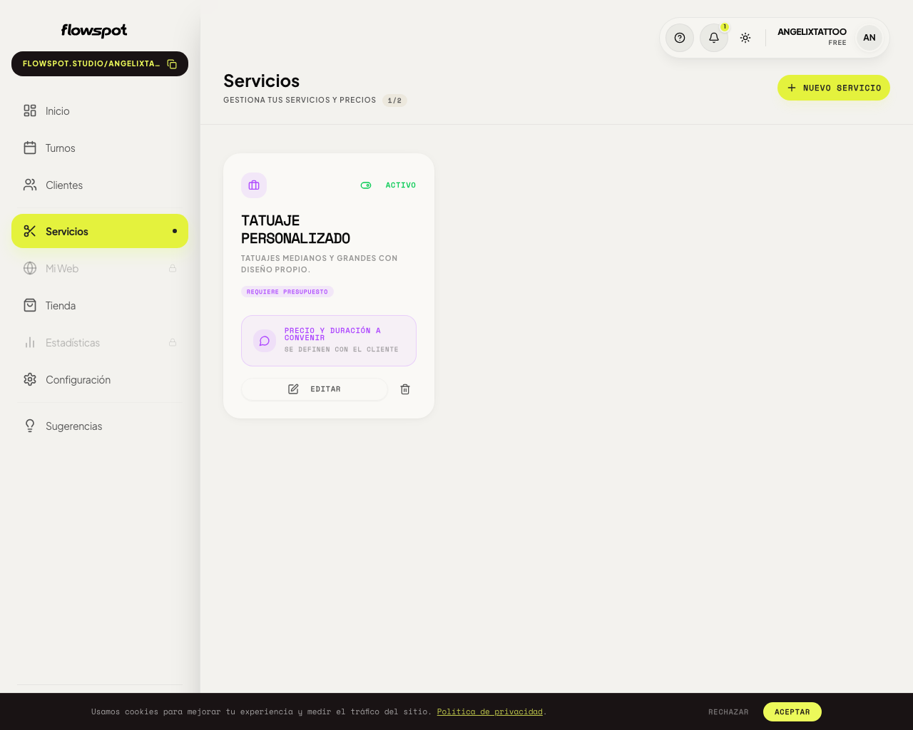Sección Servicios del dashboard — sin servicios cargados