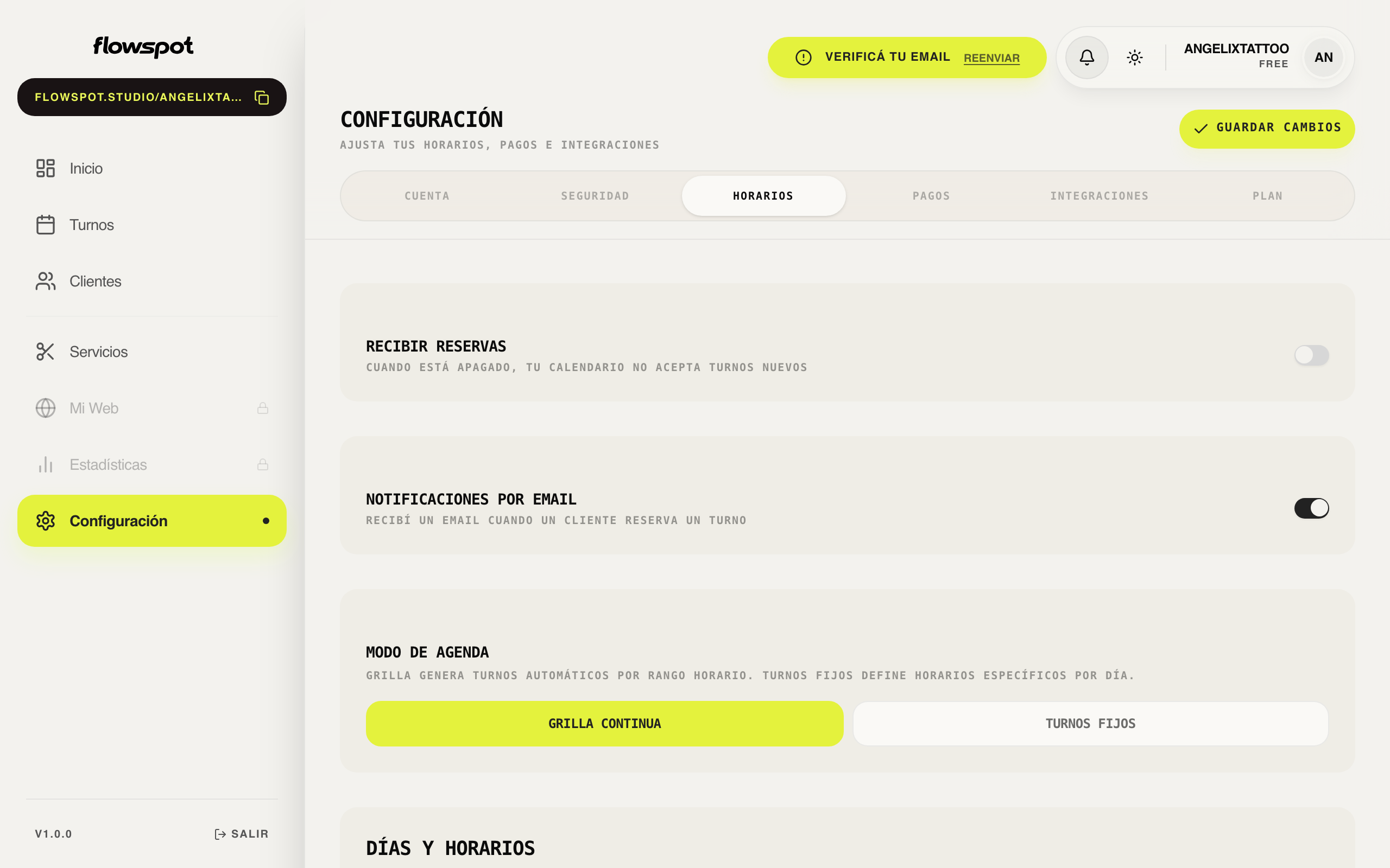 Configuración de horarios en Flowspot